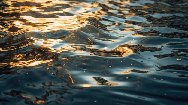 A close up of the water surface of a lake with the sun shining on it.