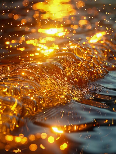 A close up of water with gold sparkles