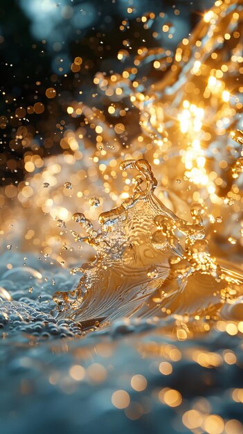 金色の光を浴びた水のクローズアップ