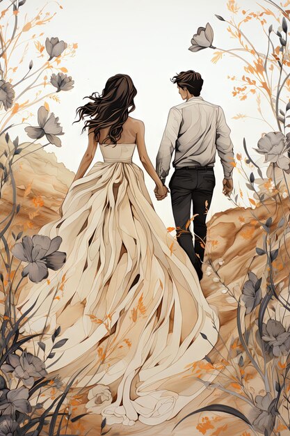 Photo close up watercolor couple walk through the woods holding hands in their wedding dresses