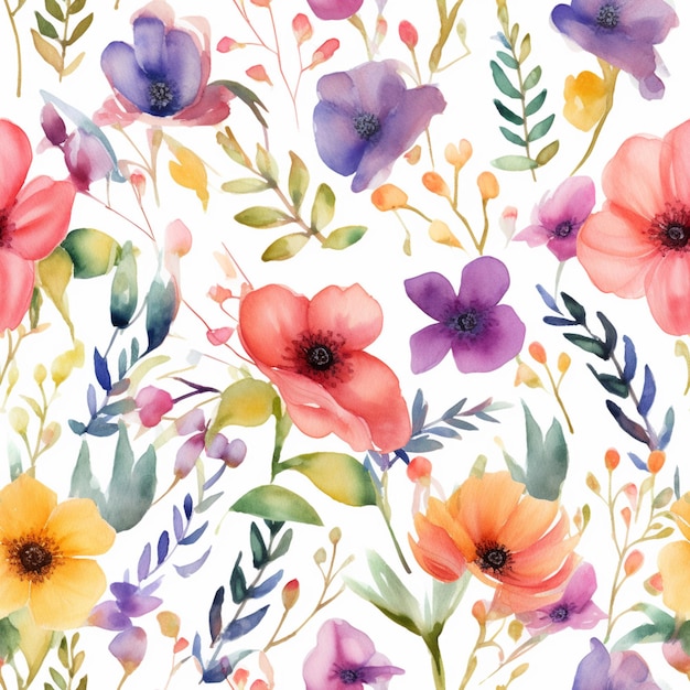 a close up of a watercolor floral pattern with many flowers generative ai