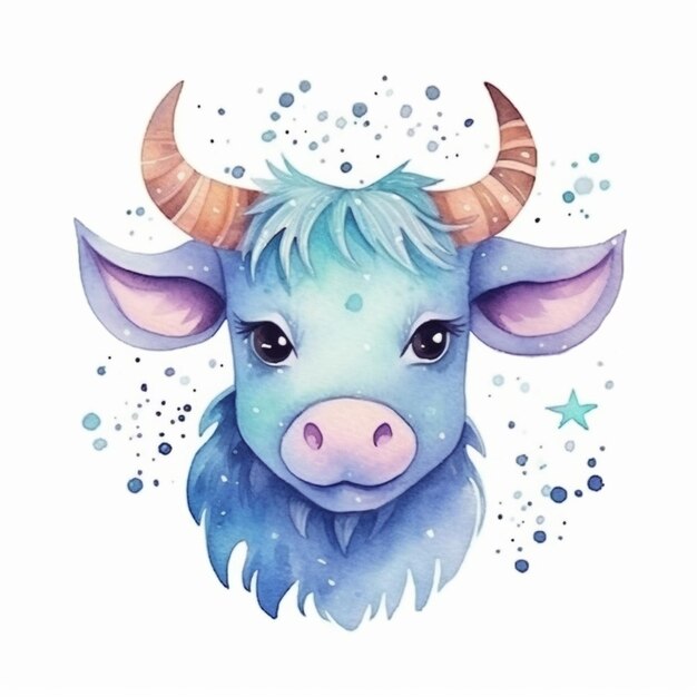 a close up of a watercolor painting of a cow with horns generative ai