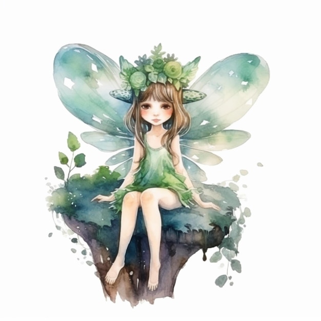 a close up of a watercolor painting of a fairy sitting on a tree stump generative ai