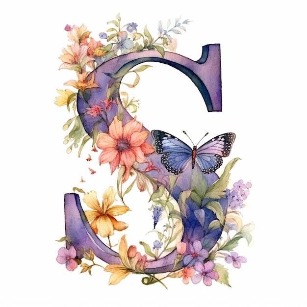 a close up of a watercolor painting of a letter g with flowers and a butterfly generative ai