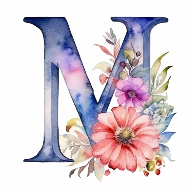 A close up of a watercolor painting of a letter n with flowers generative ai