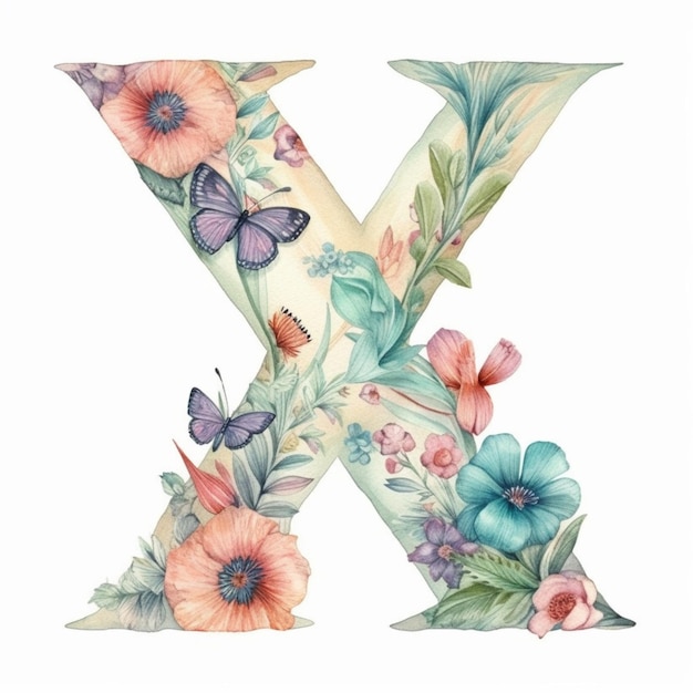 a close up of a watercolor painting of a letter x with flowers and butterflies generative ai