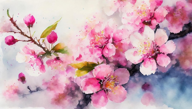 写真 緑色の葉の枝に鮮やかなピンクの桜の花が描かれた水彩画