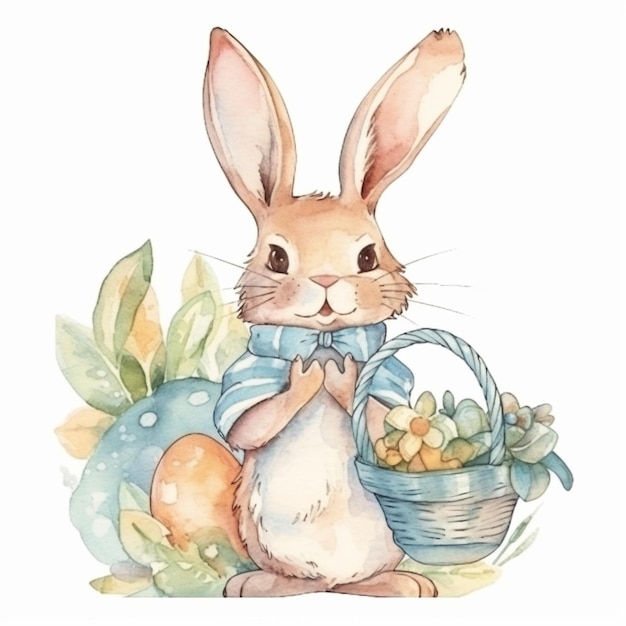 A close up of a watercolor painting of a rabbit with a basket of eggs generative ai