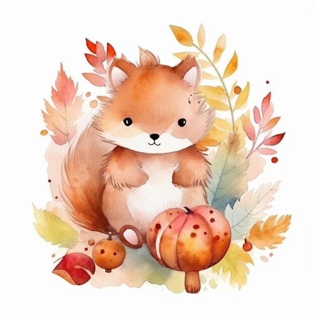 a close up of a watercolor painting of a squirrel with a pumpkin generative ai