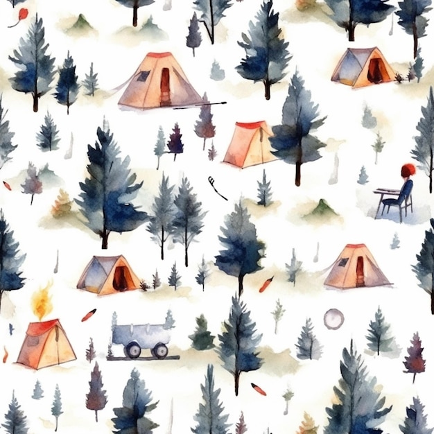 テントとキャンプファイアのアクアカラー絵画のクローズアップ