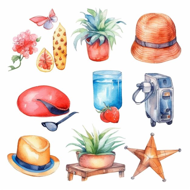 a close up of a watercolor painting of a variety of items generative ai