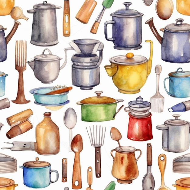 Photo a close up of a watercolor painting of a variety of kitchen utensils generative ai