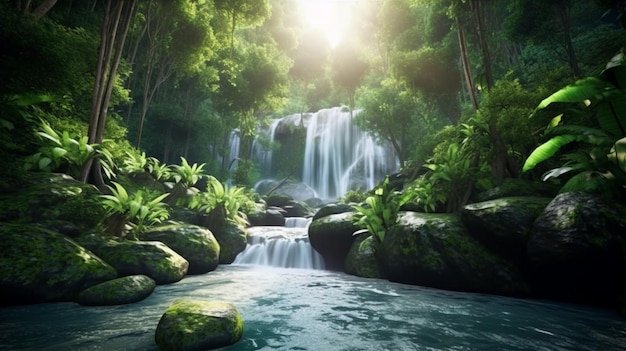 A close up of a waterfall in a lush green forest generative ai