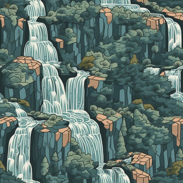 Foto un primo piano di una cascata con un sacco di rocce e alberi generativo ai