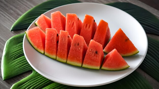 Photo close-up of watermalon slices in plate on table