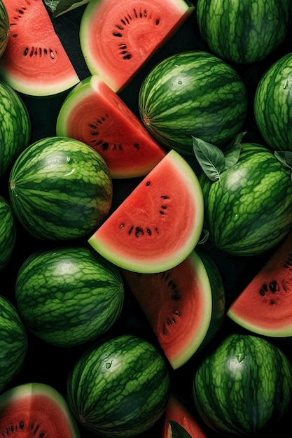 A close up of watermelon slices with one being sliced.