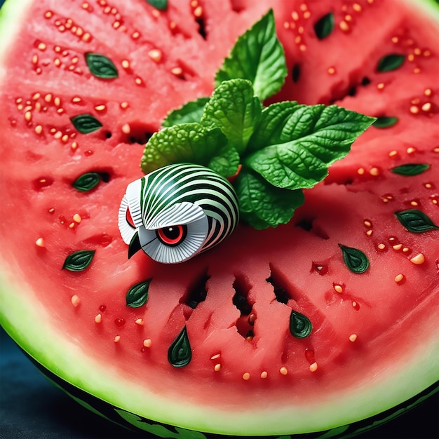 Close up of a watermelon with a face with an owl digital effects fantasy fusion of greenery and