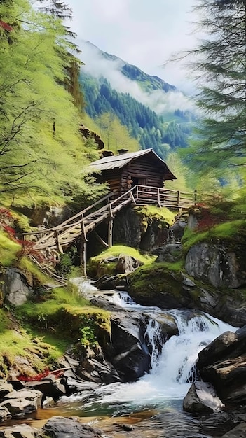 close-up waterval in de buurt van houten hut bergen geweldig uitzicht loopbruggen huizen extreem zwitserse alpen