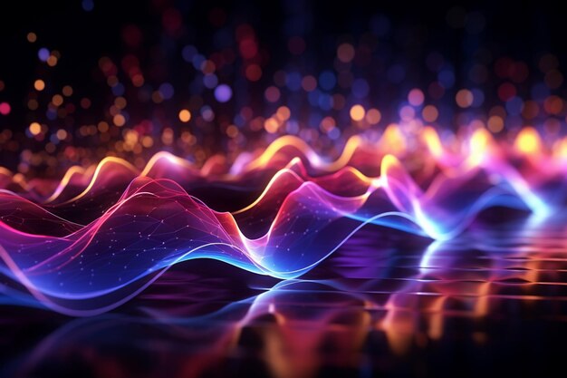 a close up of a wave of colorful lights on a dark surface generative ai