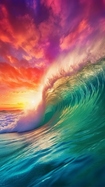 A close up of a wave in the ocean with a sunset in the background generative ai