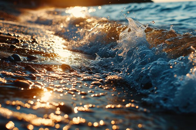 a close up of a wave with the sun shining on it