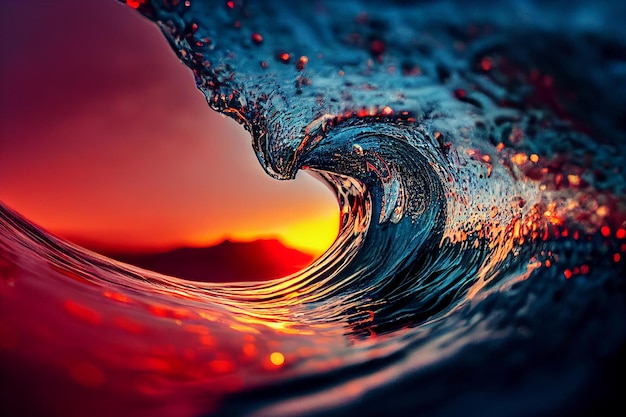 Close up of a wave with a sunset in the background generative ai