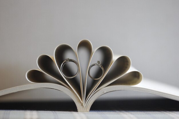 Close-up of wedding rings in book