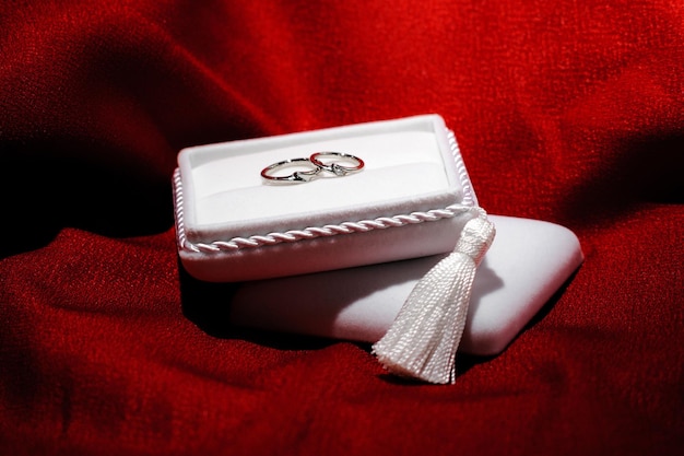 Close-up of wedding rings on box