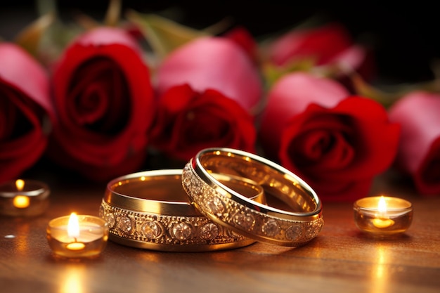 Close up Wedding rings gleam against a backdrop of red roses and candles
