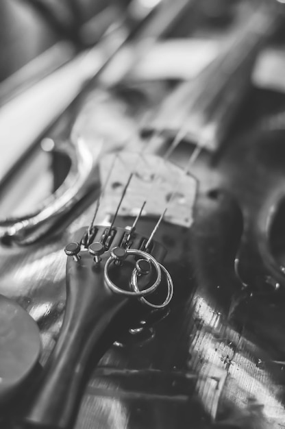 Photo close-up of wedding rings on violin