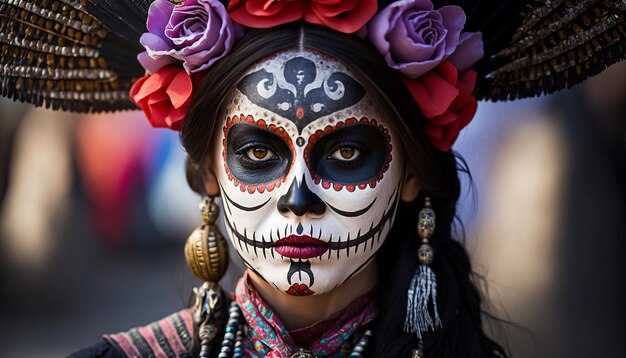 close-up weergave van meisje in masker voor een traditionele Mexicaanse feestdag van de dag van de doden. generatieve ai