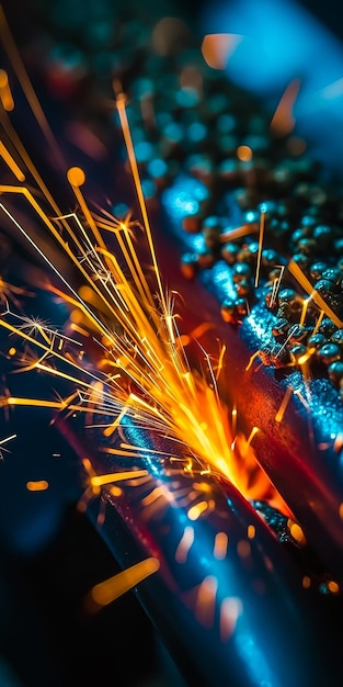 A close up of a welder with sparks on it