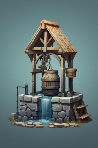 близкое изображение колодца с водопадом и деревянной конструкцией