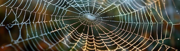 A close up of a wet spider web in the morning sun