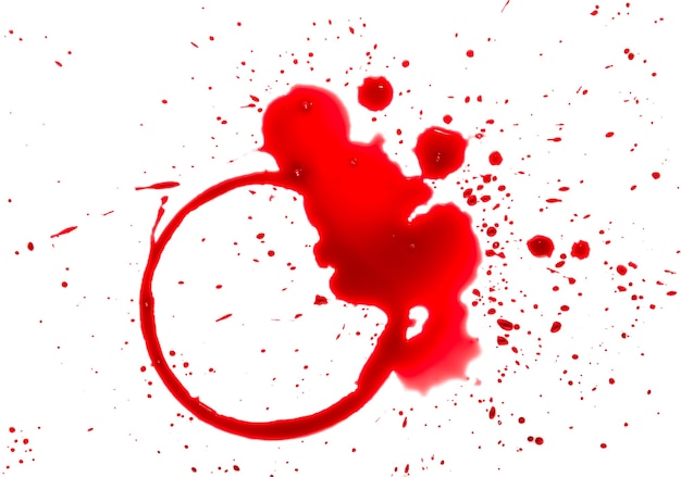 Close up wet stains of red wine glass or bottle, circle ring and blob drops isolated on white