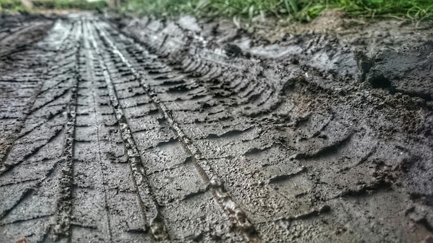 Close-up of wet tire tracks on dirt road
