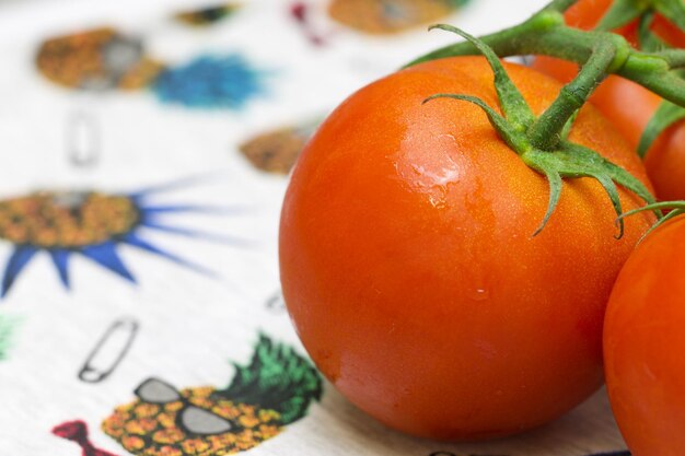 Photo close-up of wet tomatoes on table