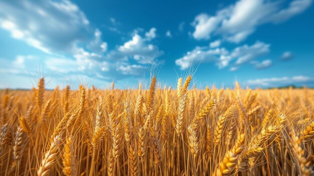 Close Up of Wheat Field With Blue Sky Background