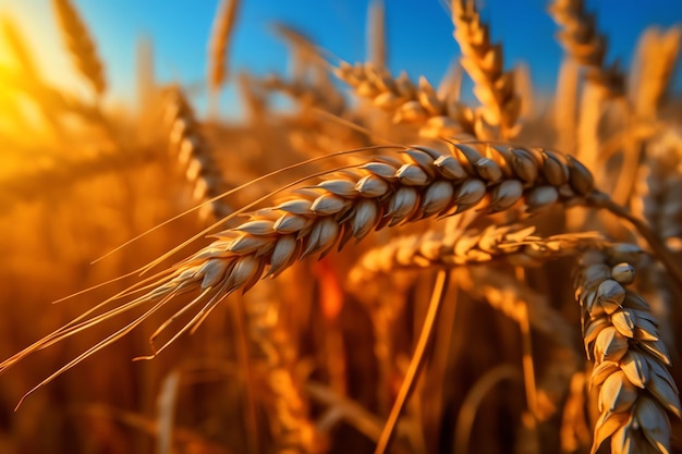 A close up of a wheat field with a blue sky in the background