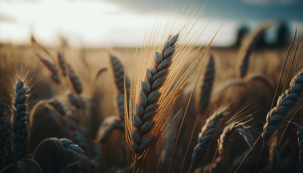 A close up of a wheat field with the sun shining on the top right corner.