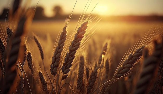 Close up of wheat ripening ears at gold wheat field morning with sunlight beautiful Generative Ai