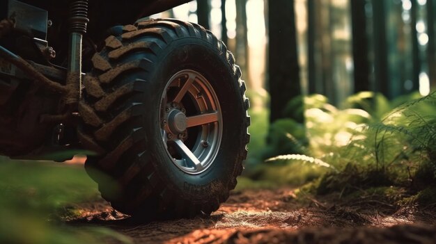 Photo close up of the wheel of atv through forest