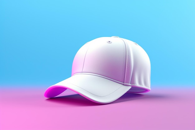 A close up of a white baseball cap on a pink and blue background generative ai