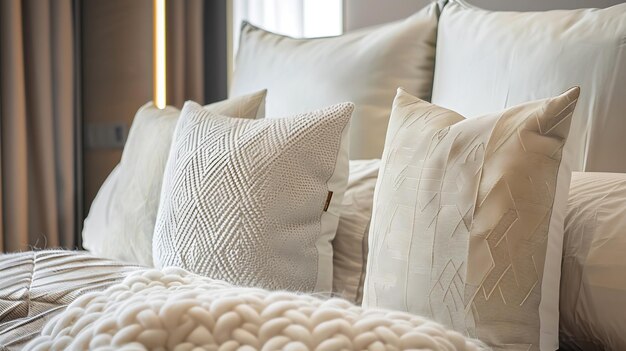 close up white beige soft pillows on bed and blanket bedroom interior design concept Generative AI