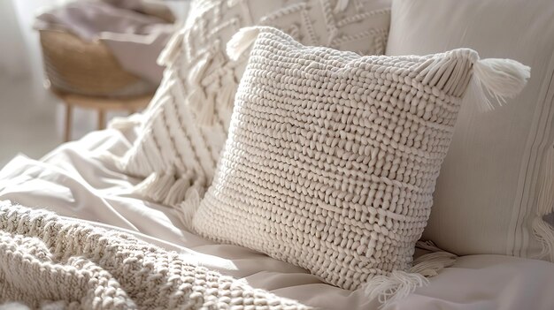 close up white beige soft pillows on bed and blanket bedroom interior design concept Generative AI