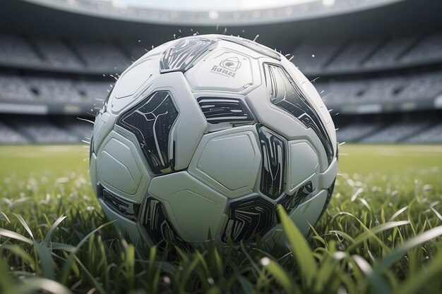 Close up of white and black football in grass by goal created using generative ai technology