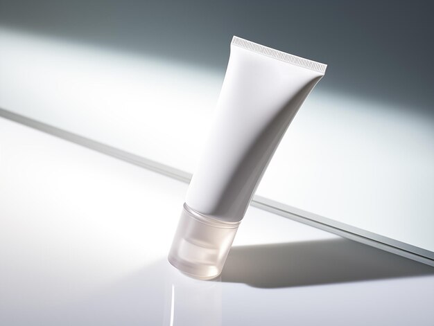 Close up of white blank tube cosmetic product on the white table white face cream tube container mo