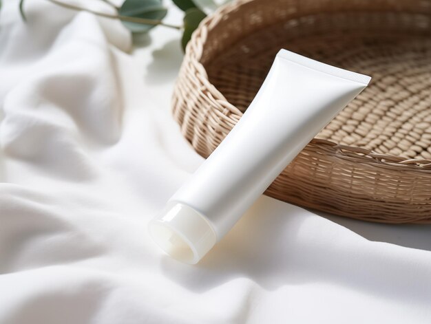 Close up of white blank tube cosmetic product on the white table white face cream tube container mo