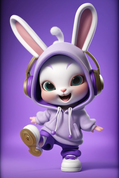 Close up of white bunny in purple outfit generative ai