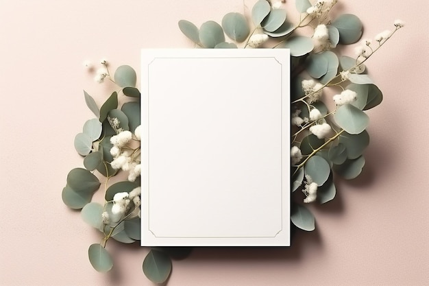 a close up of a white card surrounded by eucalyptus leaves generative ai